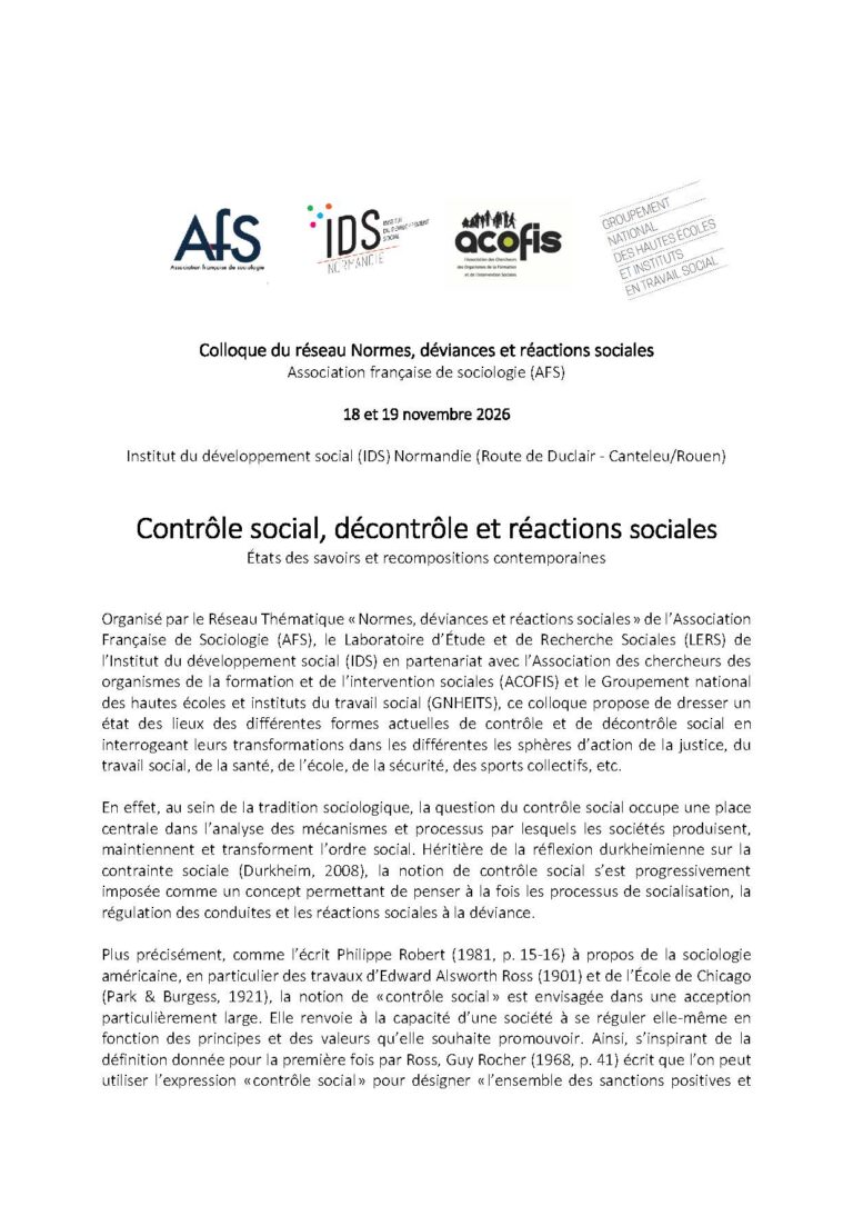 Appel à communications RT3 – Contrôle social, décontrôle et réactions sociales – Novembre 2026